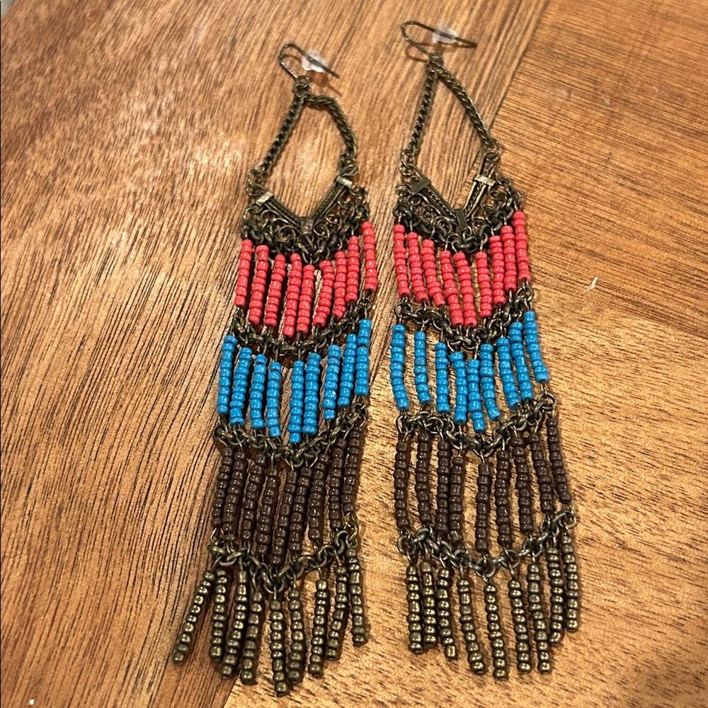Bohemian Boho Chic Hippie Tribal Multi Color 6” Fringe Seed Bead Earrings - Picture 2 of 4